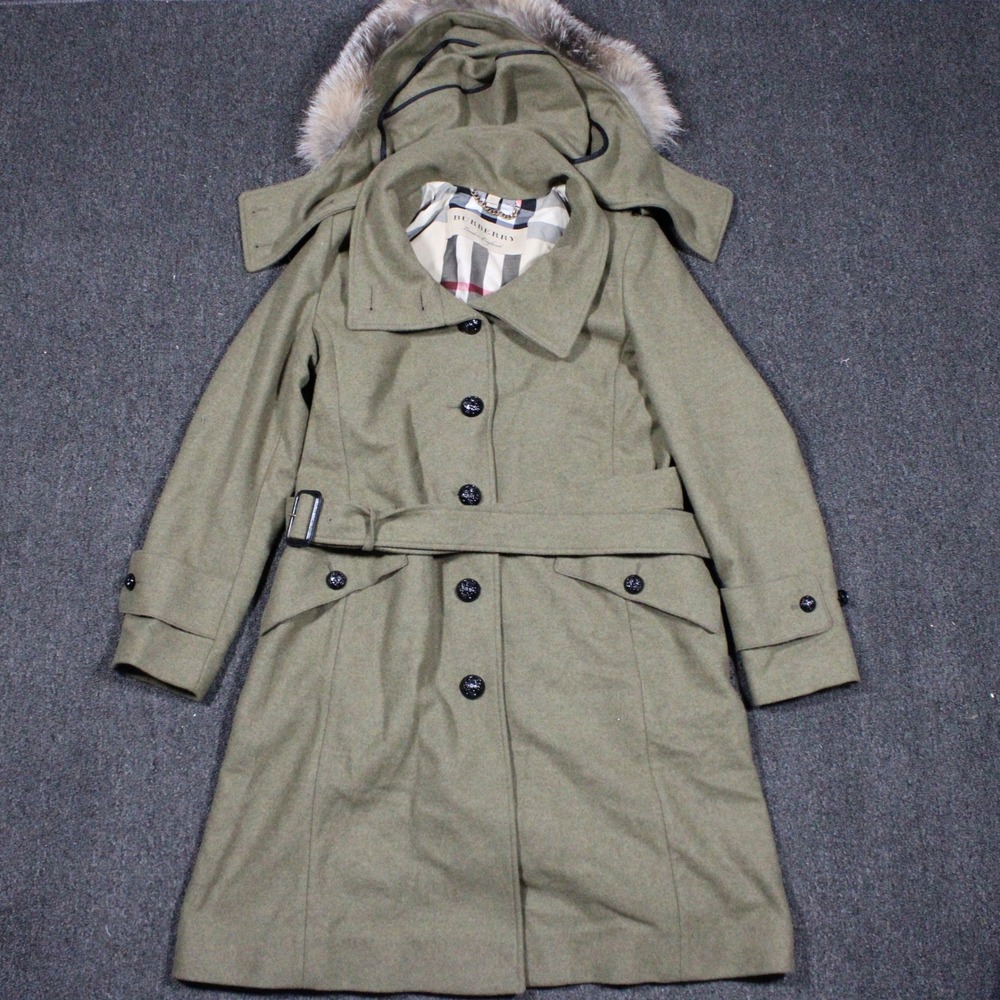 Burberry Claybrooke Coat Womens 10 Military Green Wool Fur Hood NWT $1395